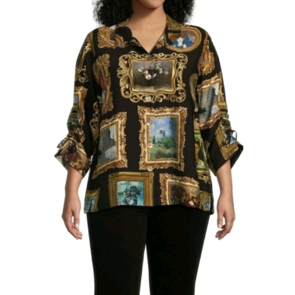 John Mark Framed Art Novelty Print Blouse Wire Collar Cinch Sleeve Sz PM NWT